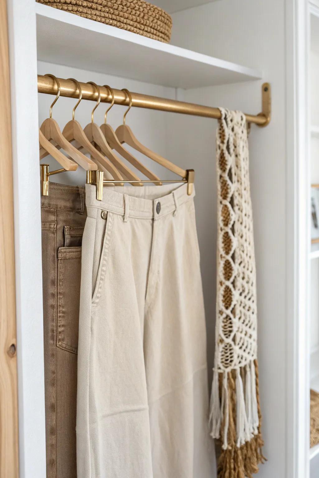 Turn a narrow closet nook into a sleek pants rack with a simple tension rod + clips.