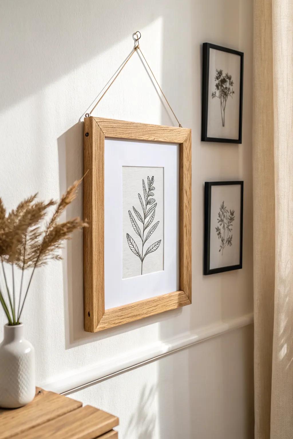 Let one frame breathe—wide gaps and warm wood turn small walls into airy gallery space.