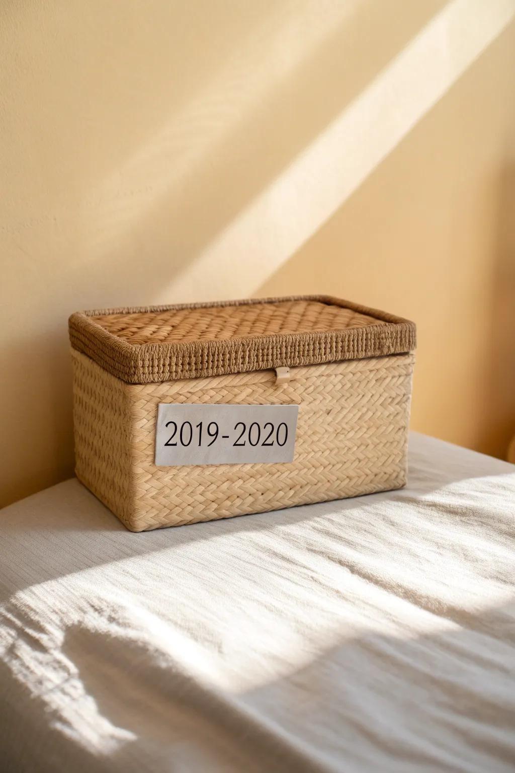 Clear labels on the front + top make stacked photo boxes easy to find in tiny closets.