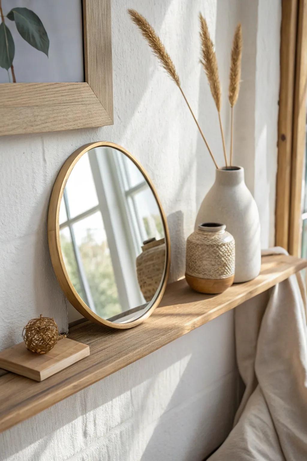 Style a picture ledge with a small mirror behind a frame to bounce light and brighten walls.