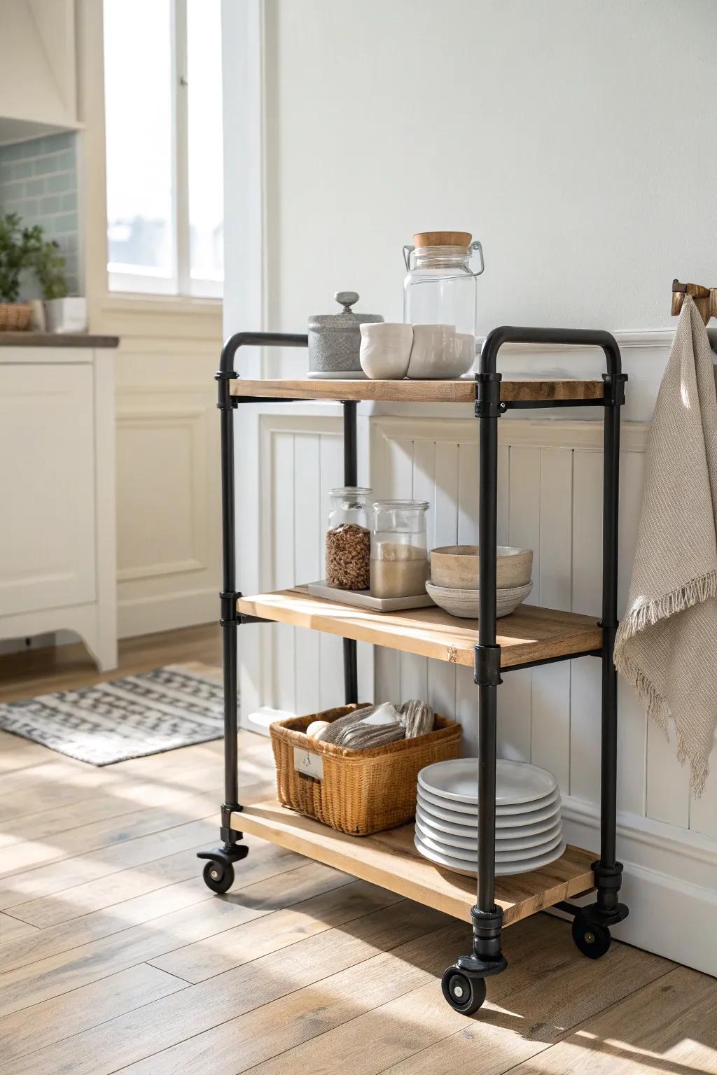 A rolling pipe shelf cart adds instant storage—move it from kitchen to dining in seconds.
