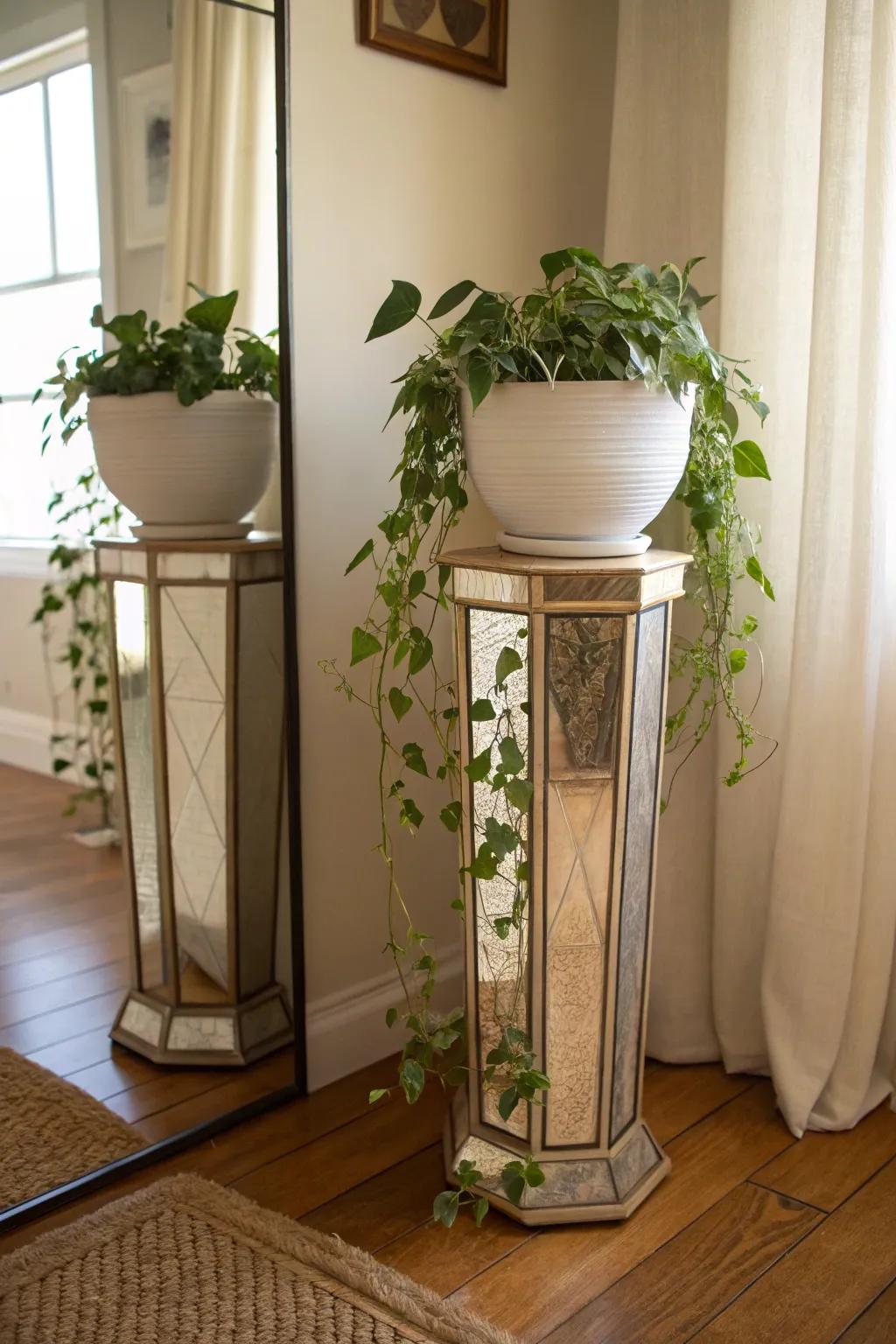 A mirrored plant pedestal brightens dark corners and doubles the greenery with soft reflections.