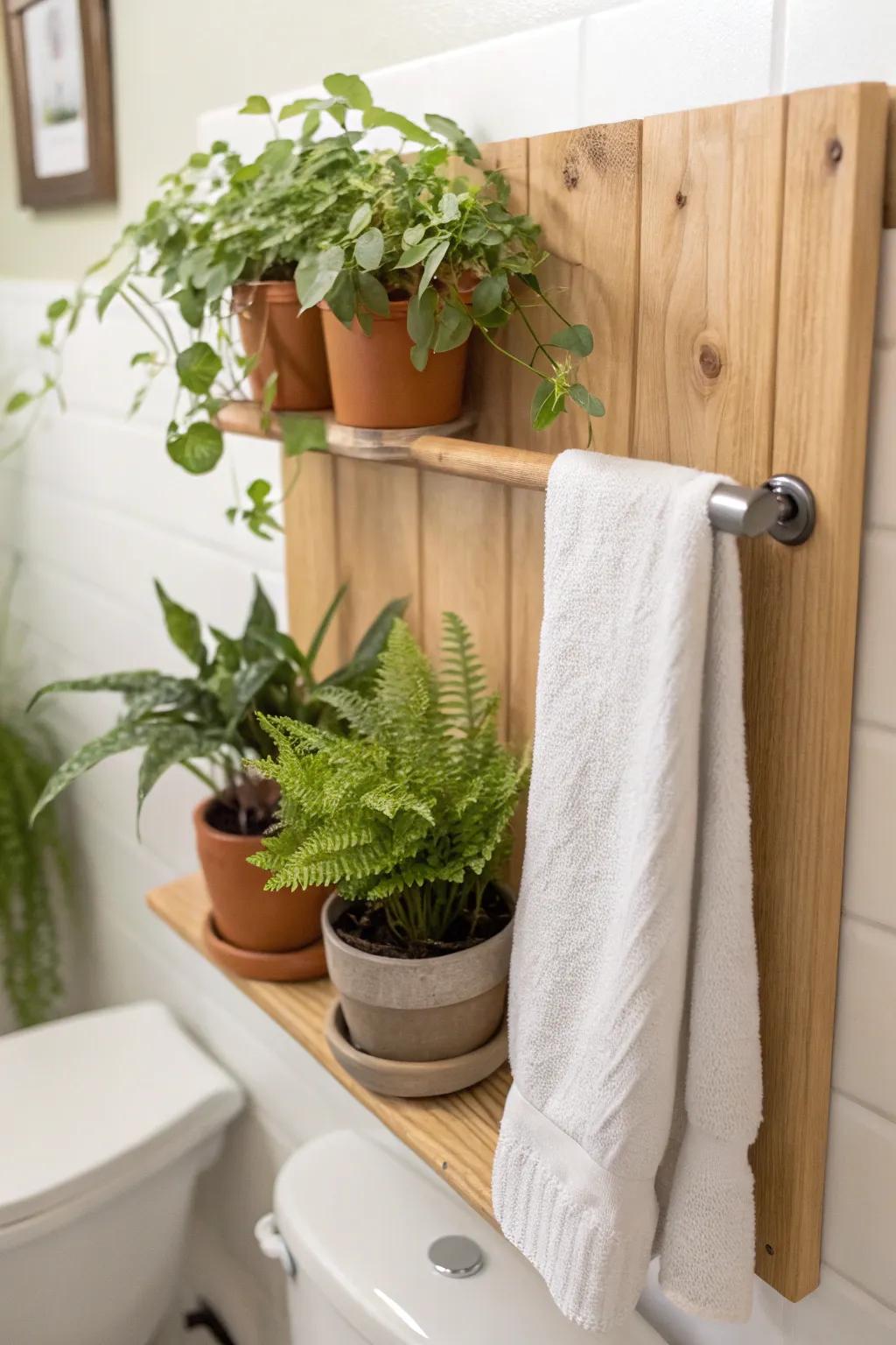 A petite plant wall above the towel bar brings spa calm to a small rental bathroom—secure and chic.