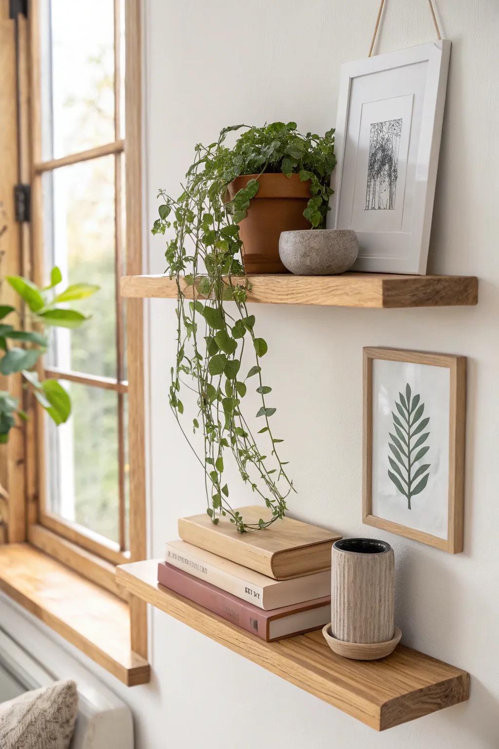 Style a plant shelf like a pro: stack books, add a small plant on top, and finish with art.
