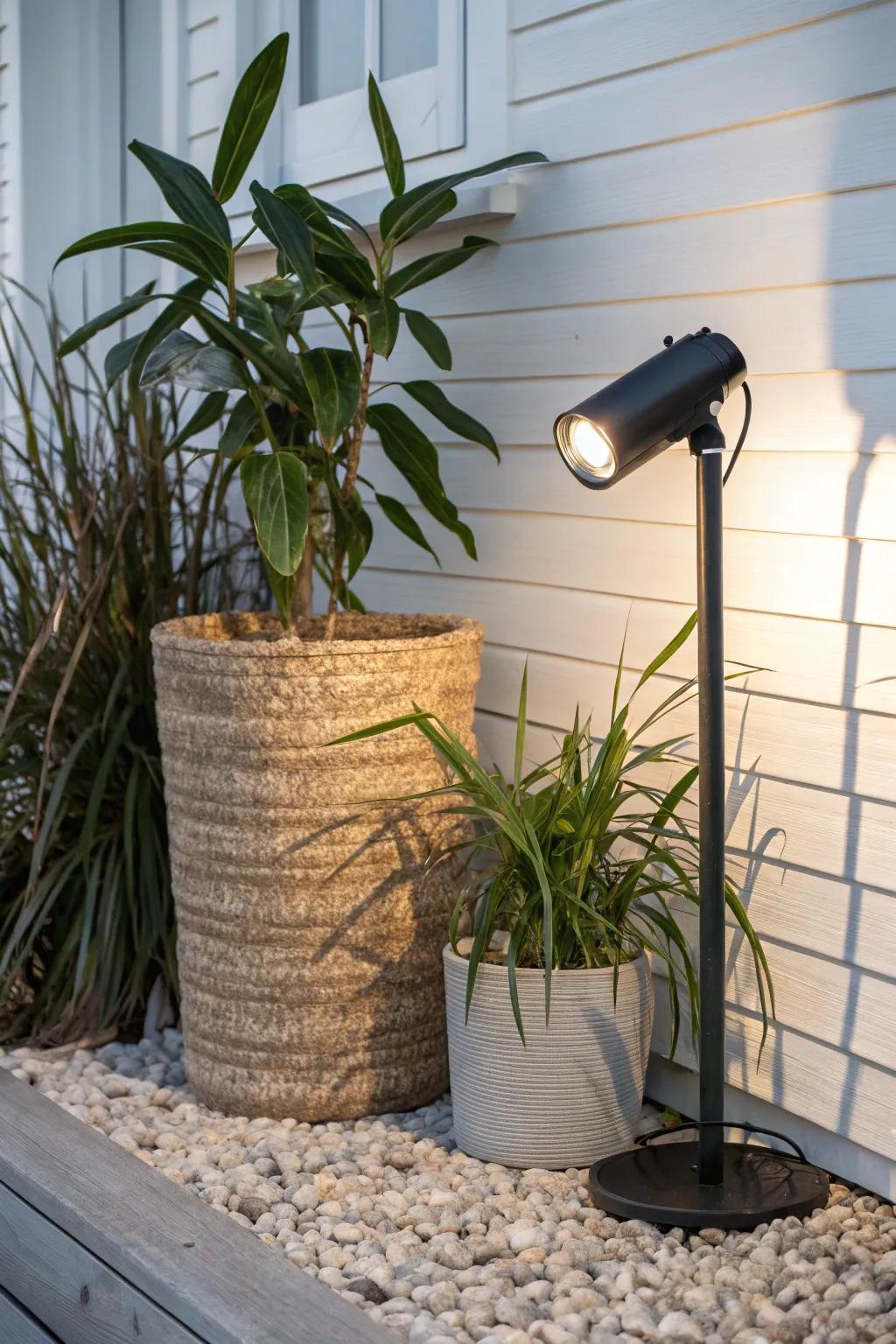 Mini spotlights make porch planters glow—small fixture, big cozy entry impact after dark.