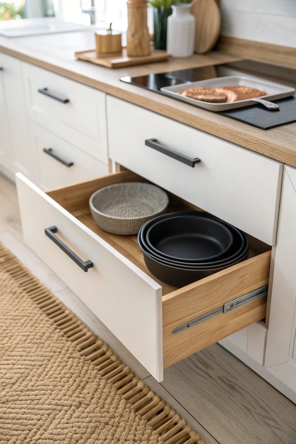 A hidden toe-kick drawer keeps flat pans close by—without cluttering your kitchen.