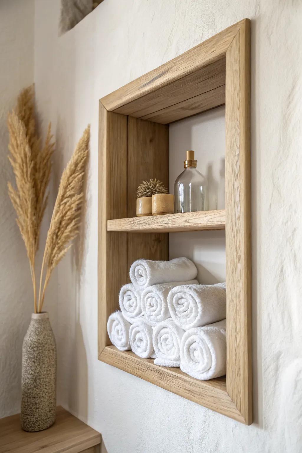 A recessed wall niche adds hidden storage—perfect for tiny powder rooms with zero floor space.