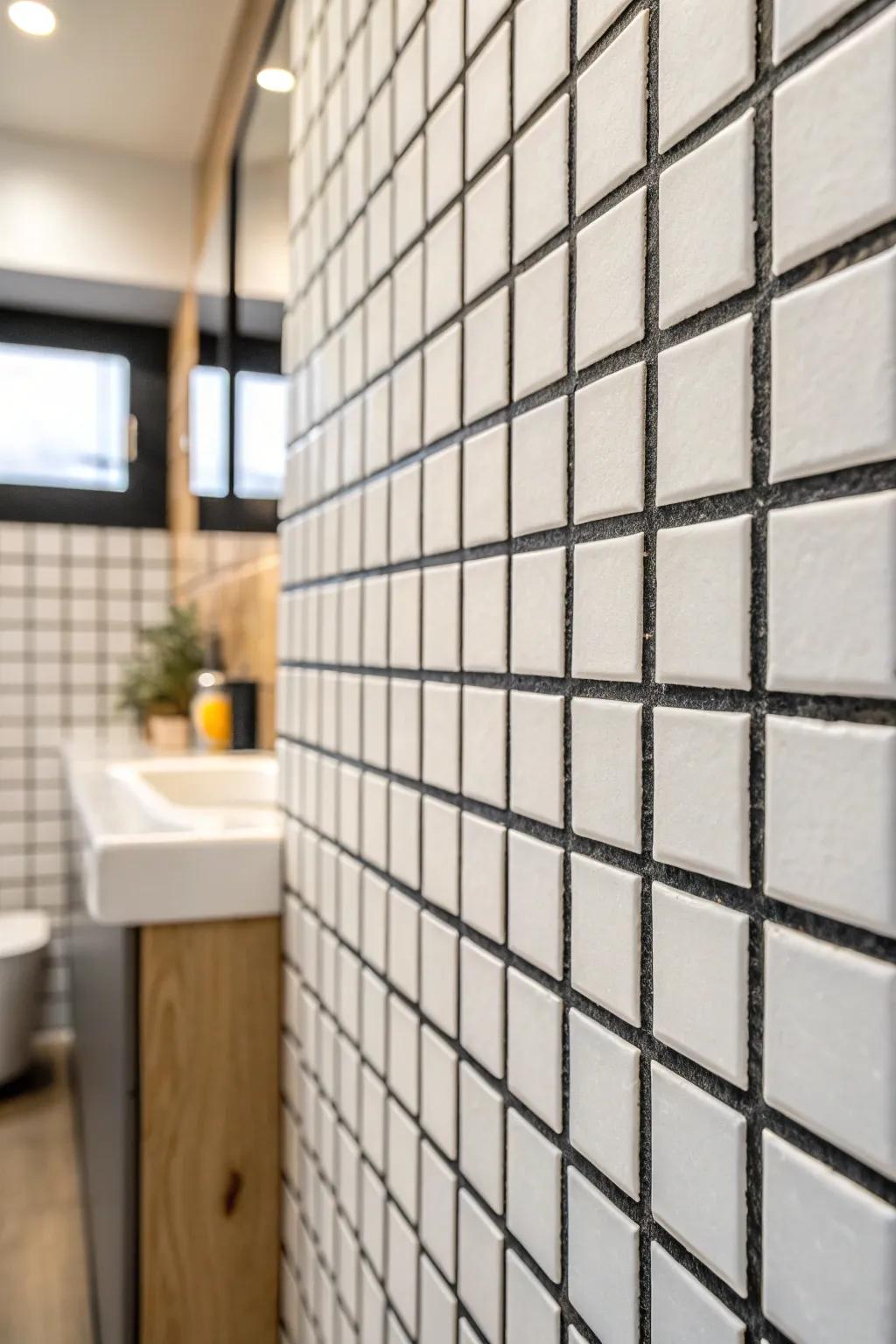 Dark grout turns simple square tile into a bold, custom-looking grid—perfect for tiny powder rooms.