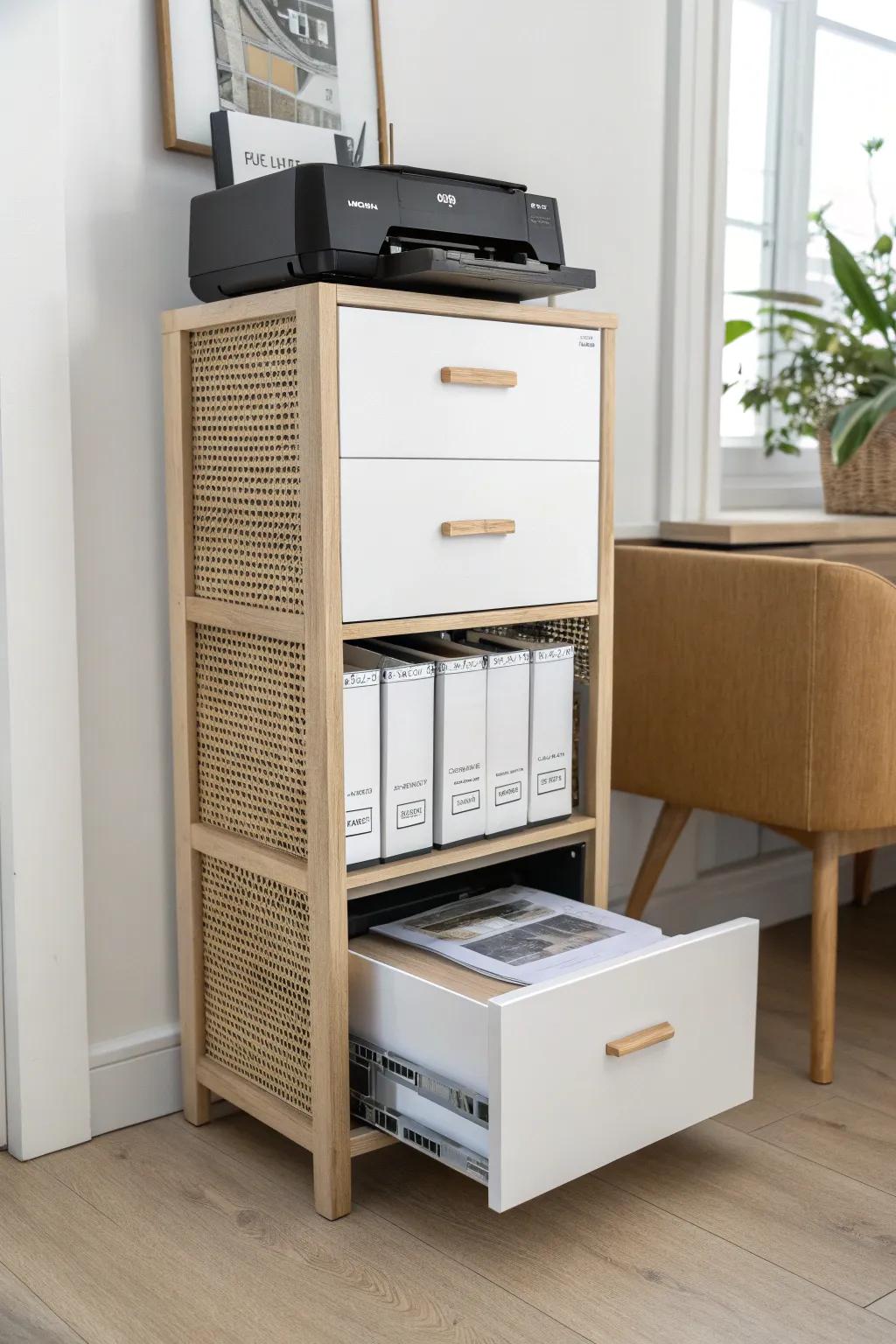 Tall file cabinet with a pull-out printer shelf—vertical storage that saves serious space.