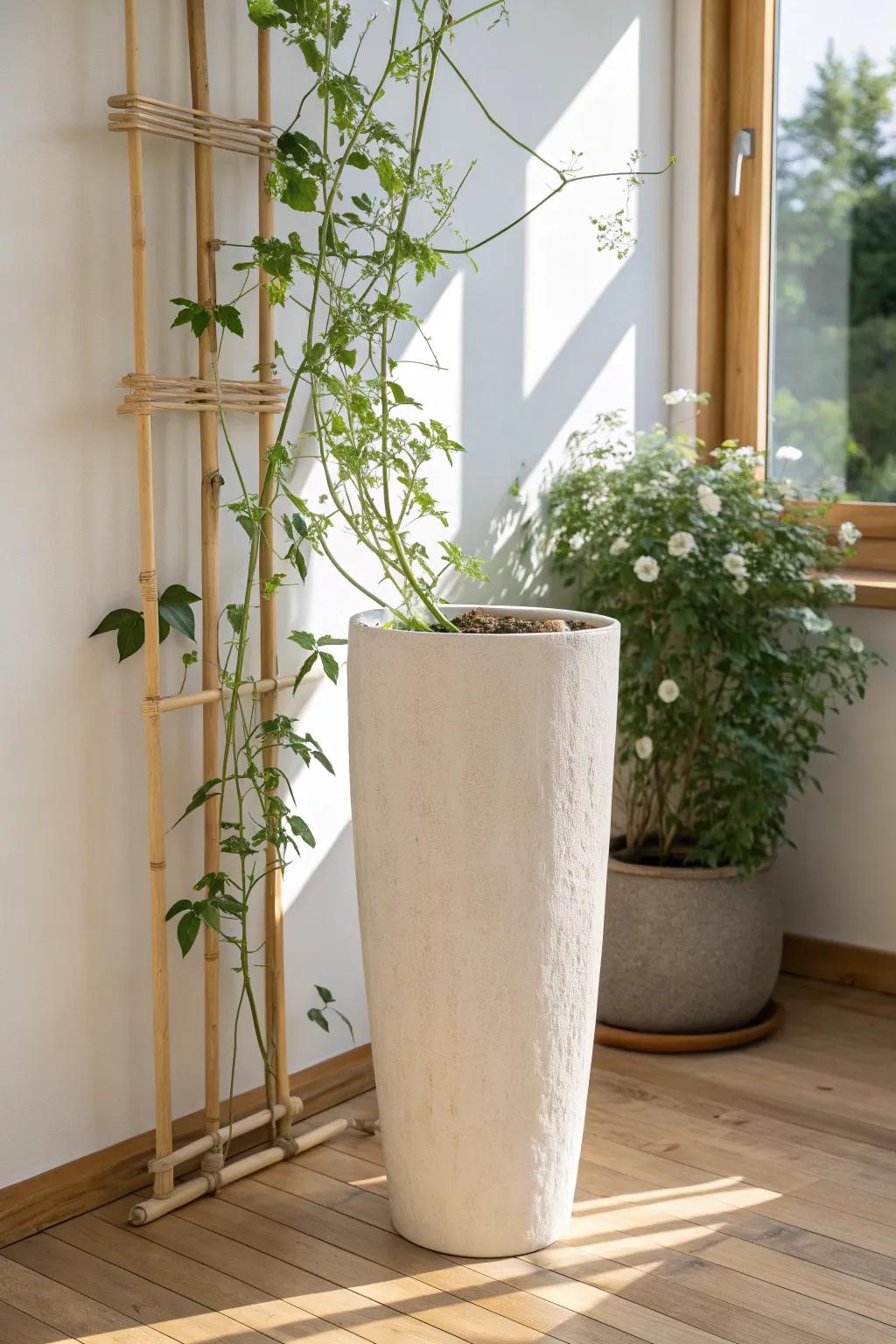 A tall trellis privacy planter that grows edible climbers—beautiful screening with snackable greens.