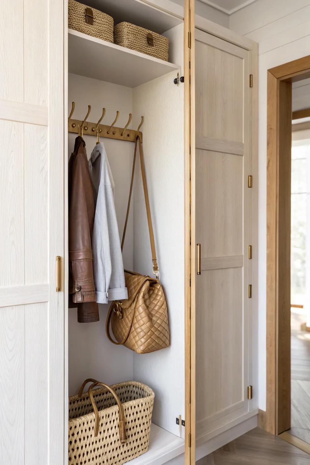 Hidden inside-door purse rack: one chic hook setup that adds storage in tiny apartments.