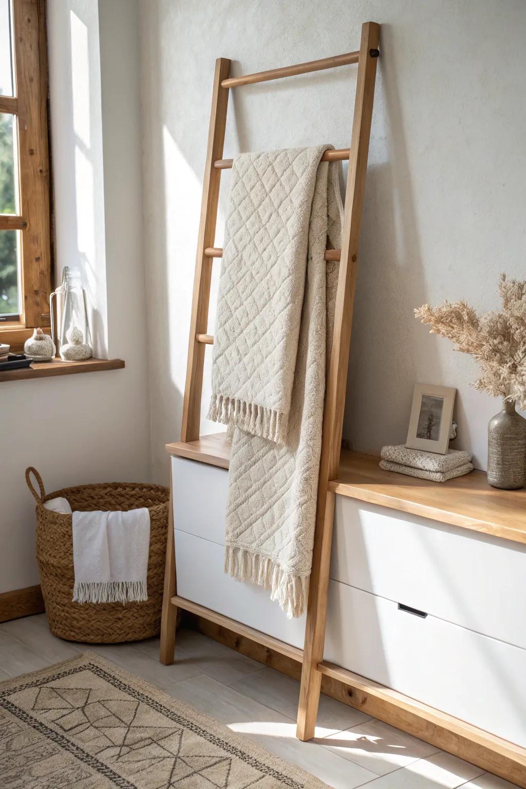 Vertical storage done right: a wall quilt rack above a low console for small, calm spaces.