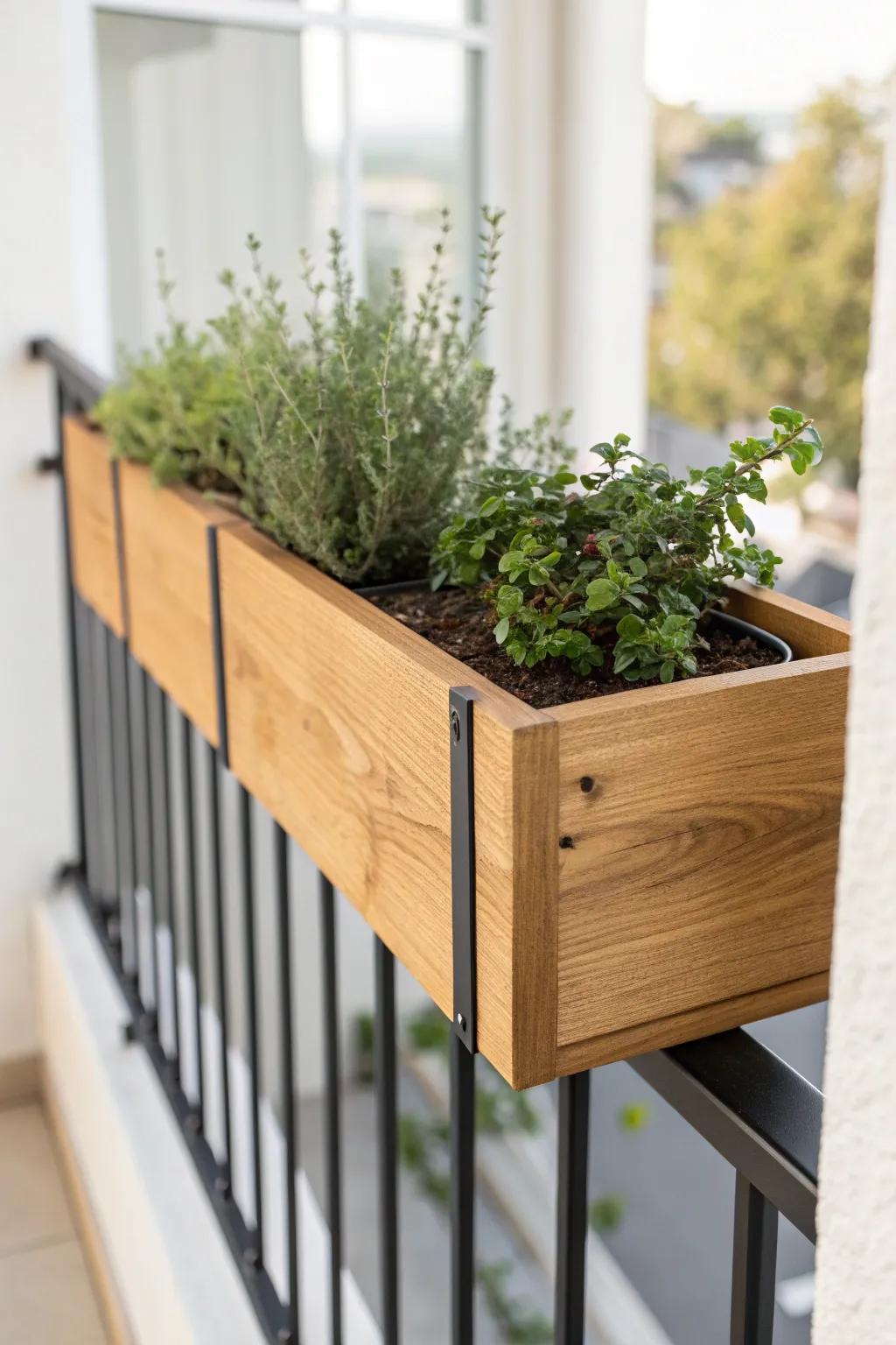 A lined wooden trough planter adds cozy warmth to your railing—beautiful, durable, and easy to clean.