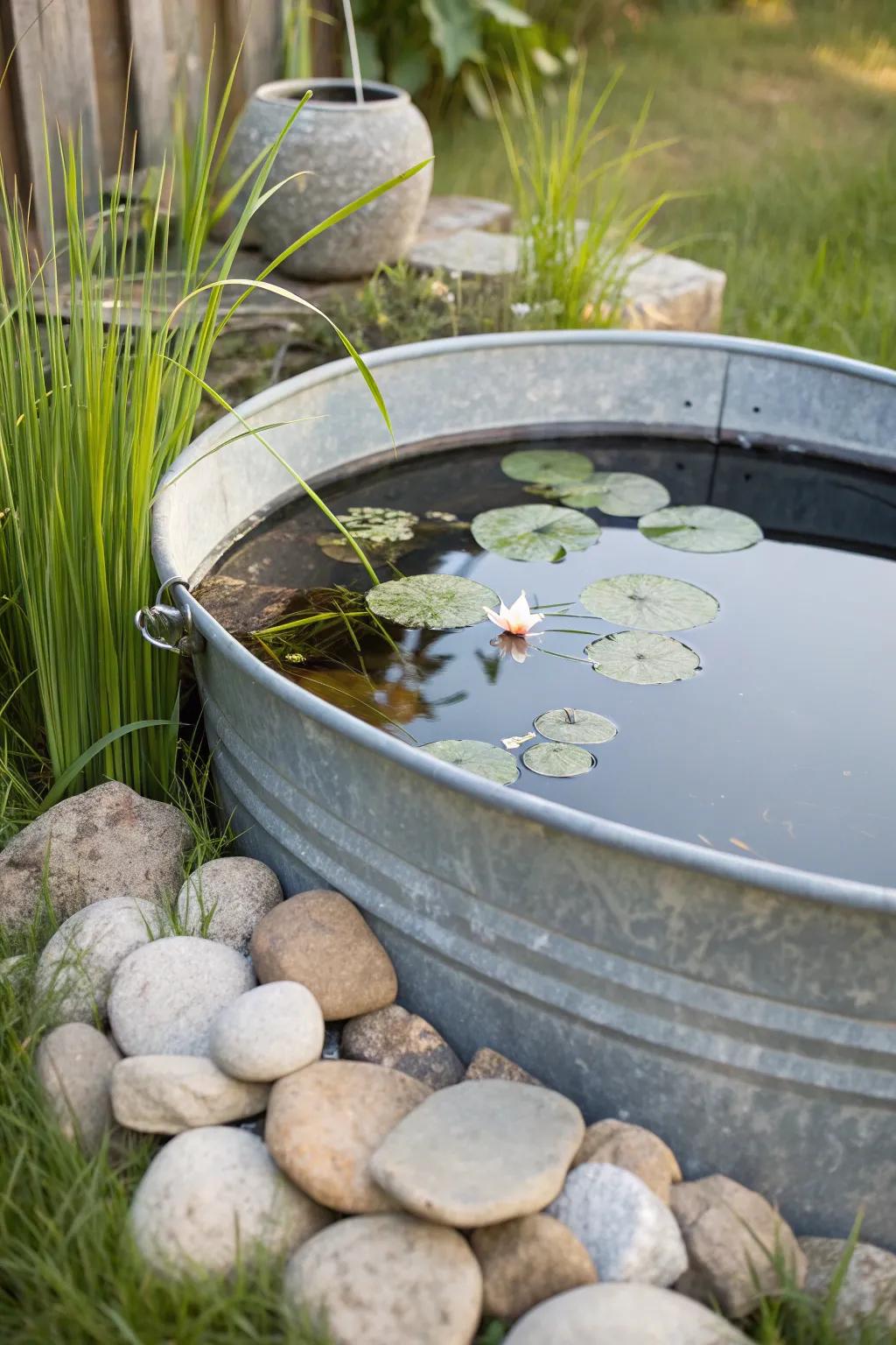 Stock-tank raised pond with clean lines—small-garden style made simple with rocks + tall greens.