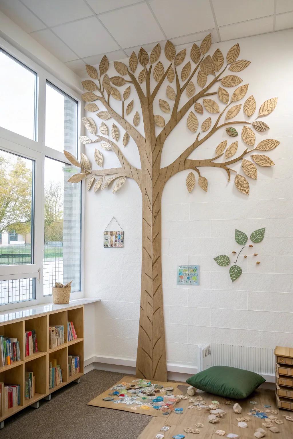 A no-floor-space paper tree that turns a tiny classroom corner into a magical reading hideout.