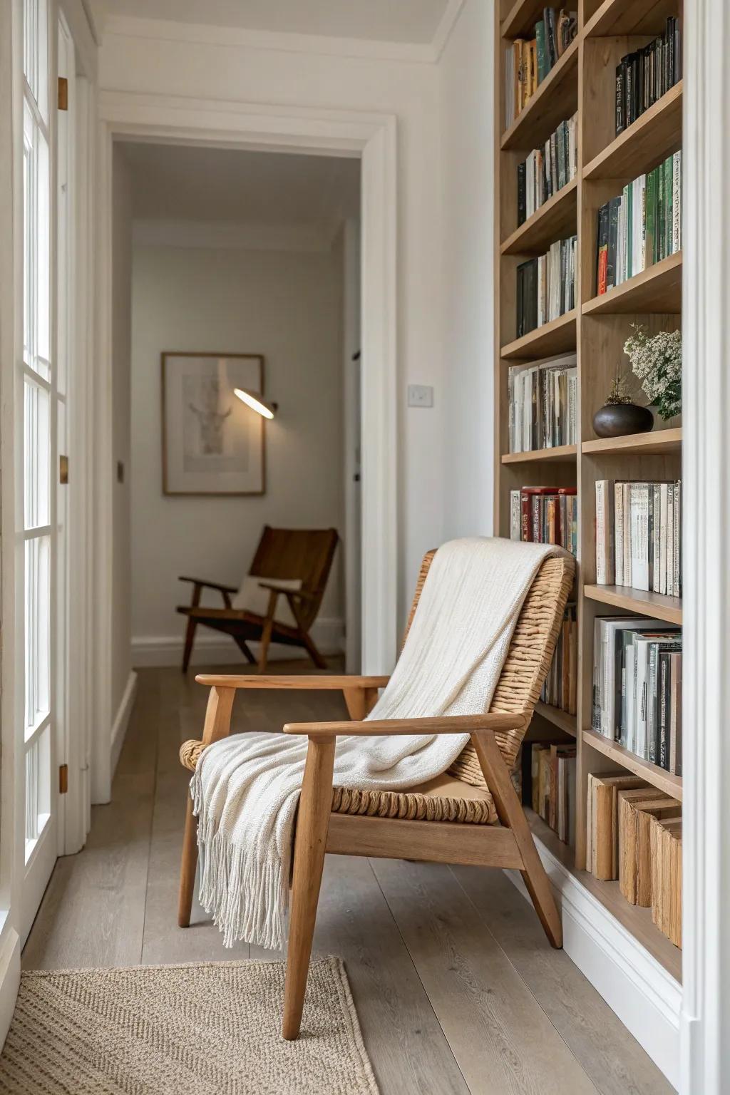 A slim rattan chair turns a wider hallway into a calm mini library nook for grown-up reading.