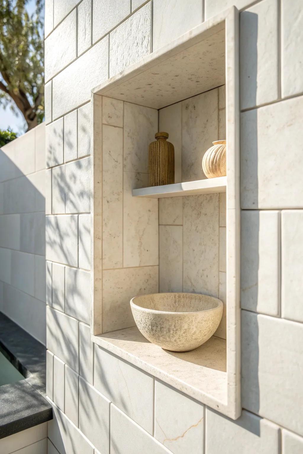 A tile-backed recessed niche adds handcrafted texture—minimal, bright, and rental-friendly.