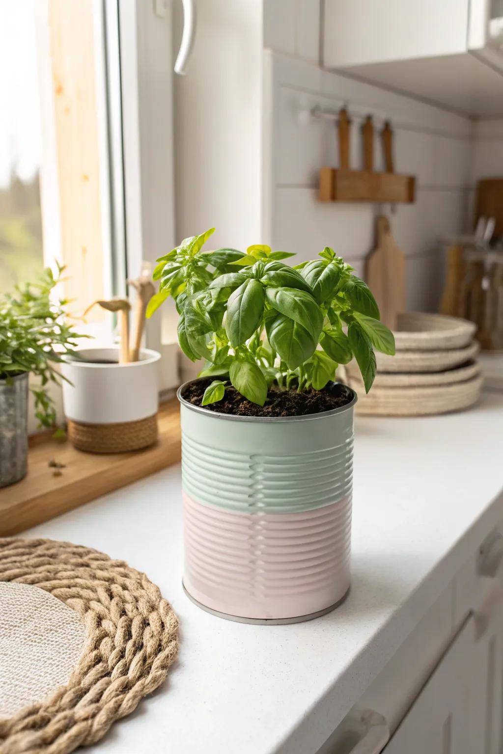 Breathe new life into old cans with this charming upcycled herb garden. Sustainability meets style!