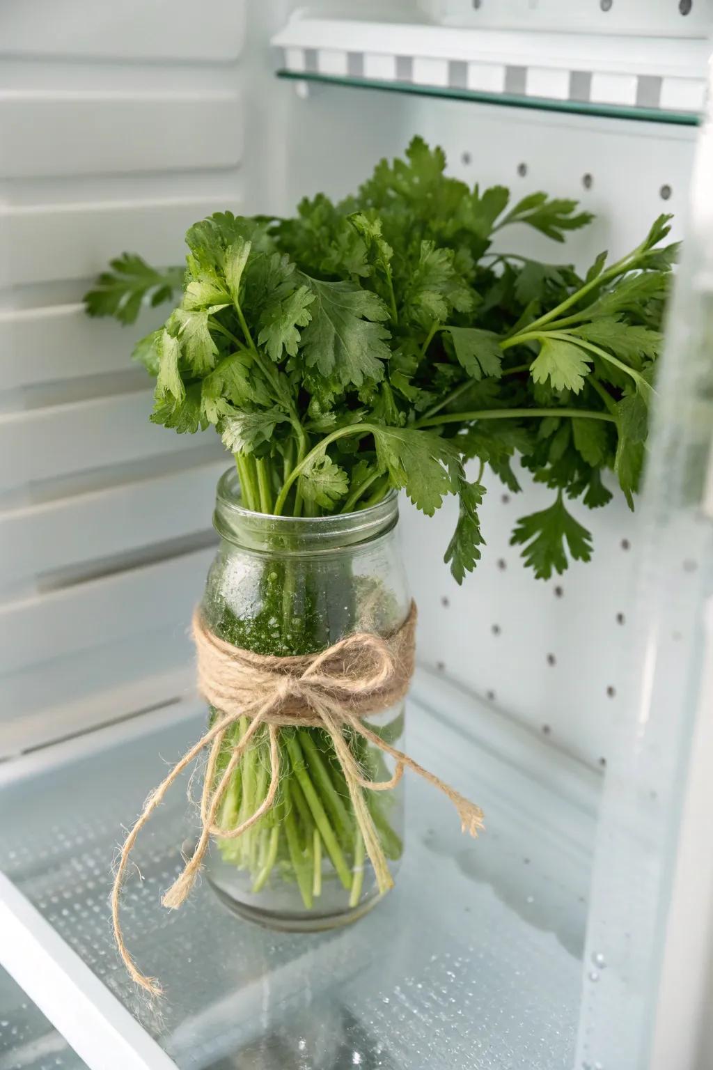 Herbs in a jar of water = fridge bouquet that stays upright, fresh, and impossible to forget.