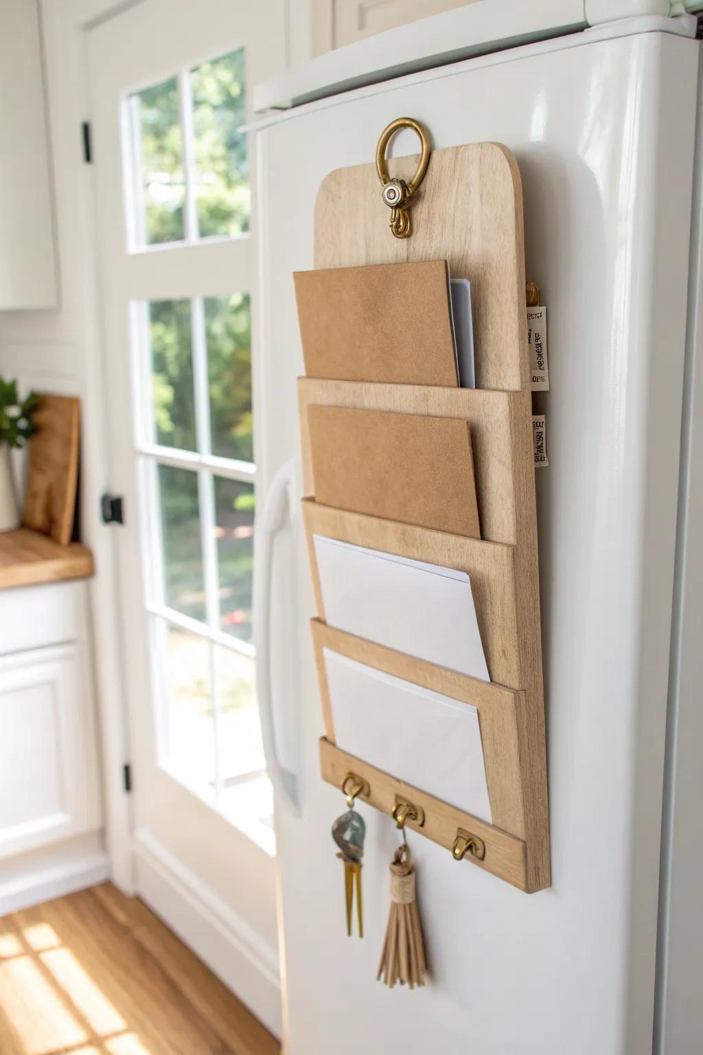 Turn your fridge side into a mini command center with a wood mail sorter + key hooks.