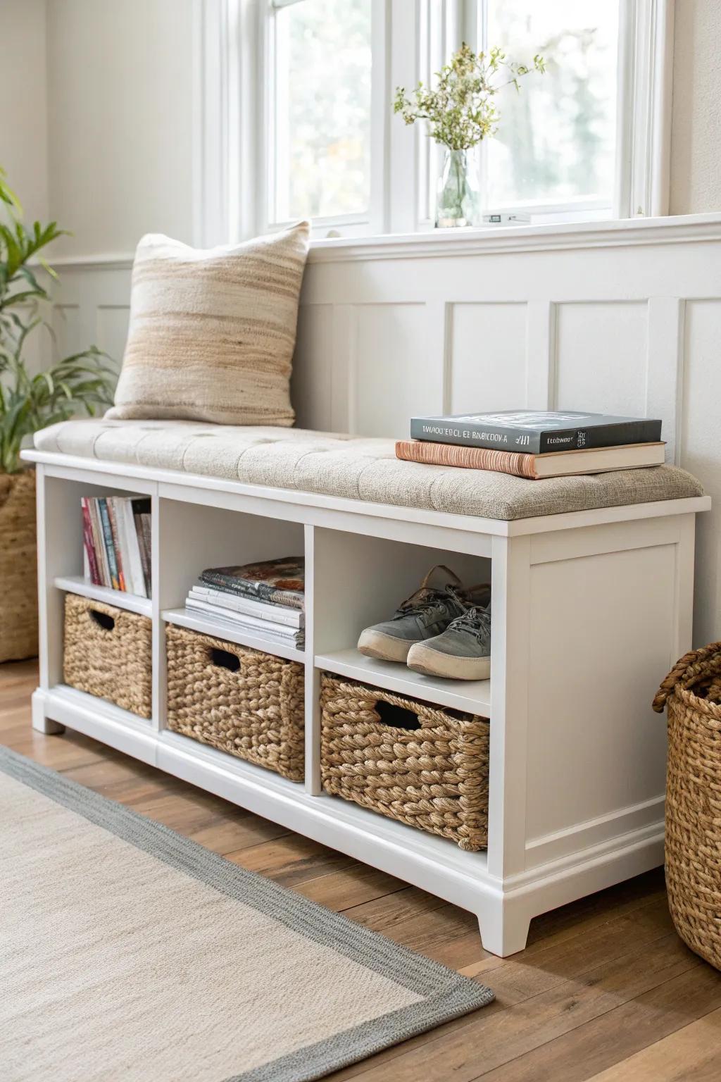 Flip a low bookshelf into a bench—linen cushion on top, woven baskets below for shoes.