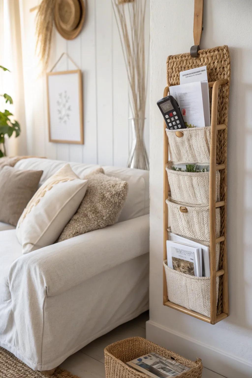 Slim wall pocket organizer keeps remotes tidy beside your favorite seat—no clutter, all calm.