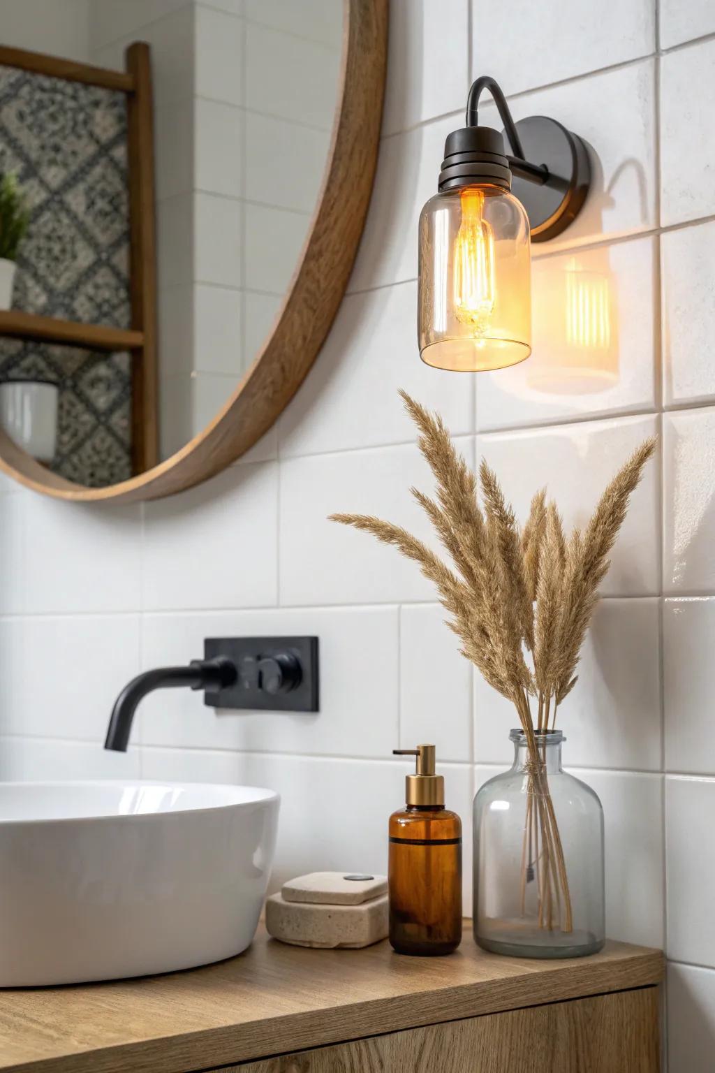 A warm battery wall sconce instantly makes a rental bathroom feel like a cozy mini spa.