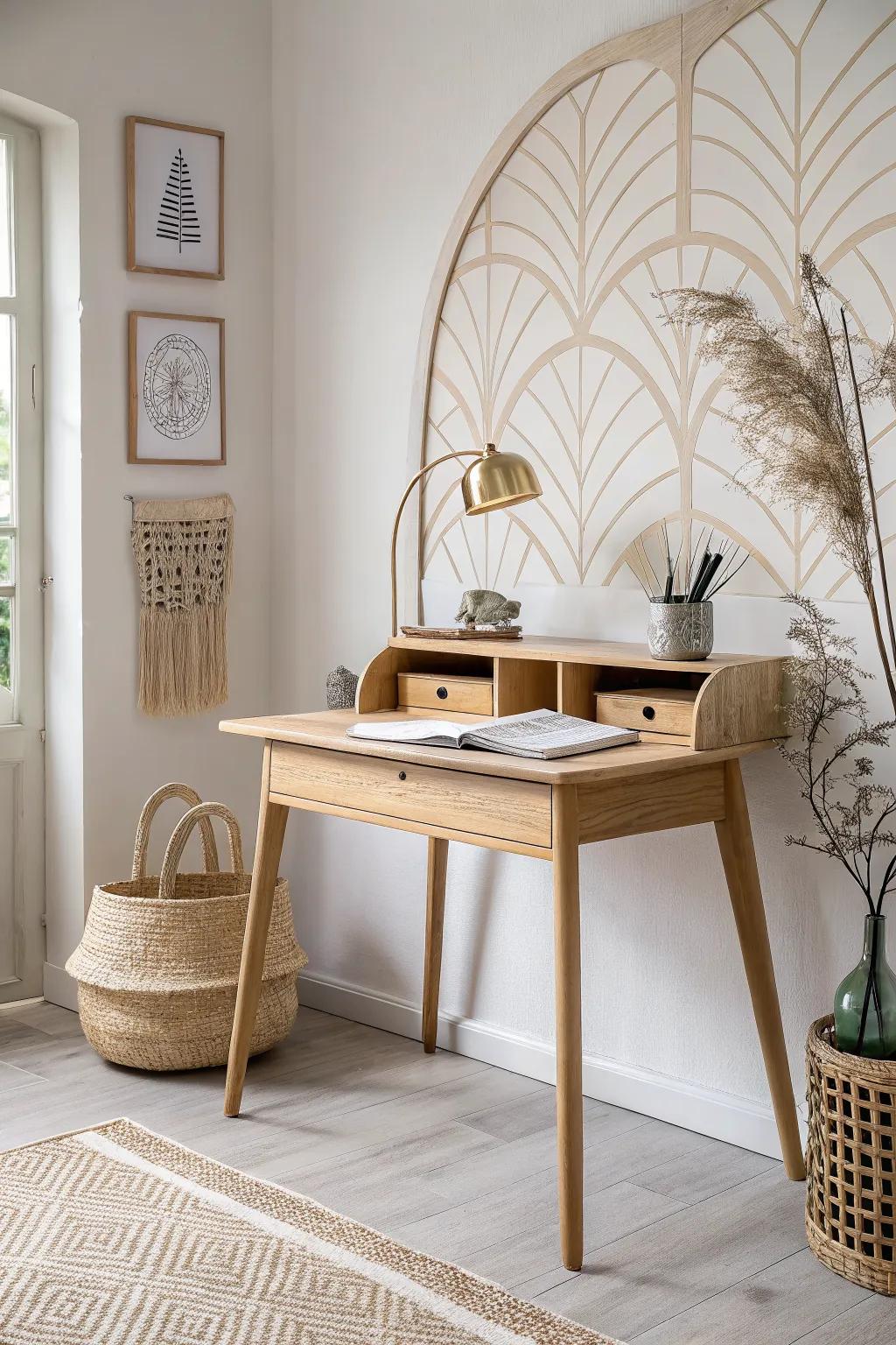 A no-hole desk nook: warm wood, soft decals, and cozy texture—perfect for renter-friendly focus.