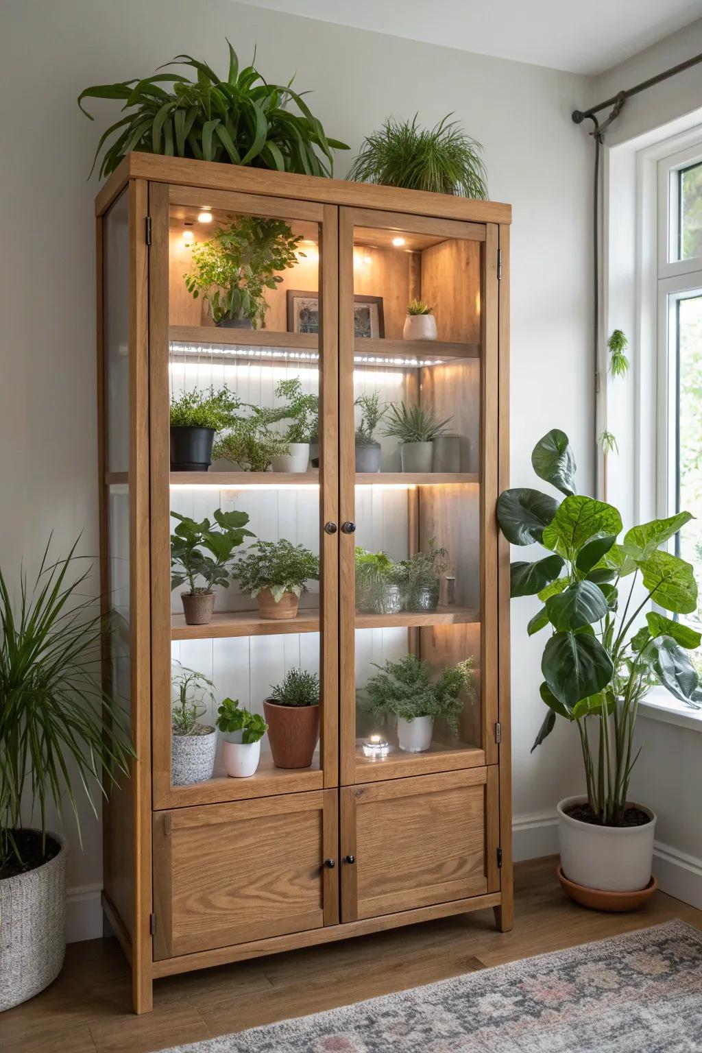 An old entertainment center becomes a chic indoor greenhouse cabinet for a curated plant display.