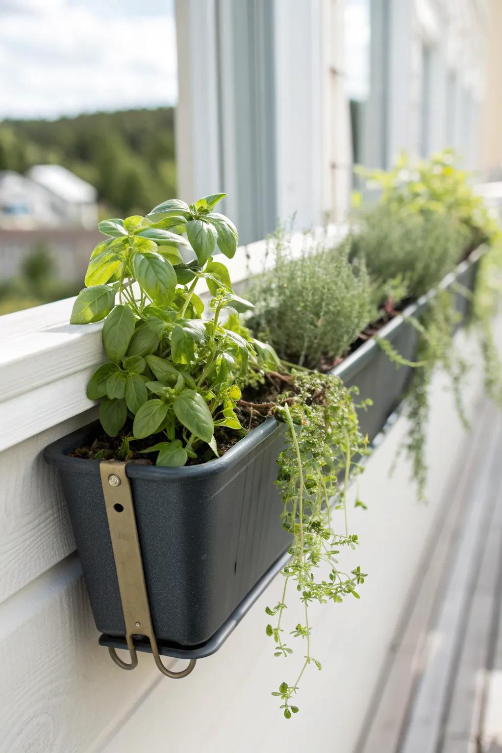 A rain gutter turned herb planter—vertical basil that saves balcony floor space beautifully.