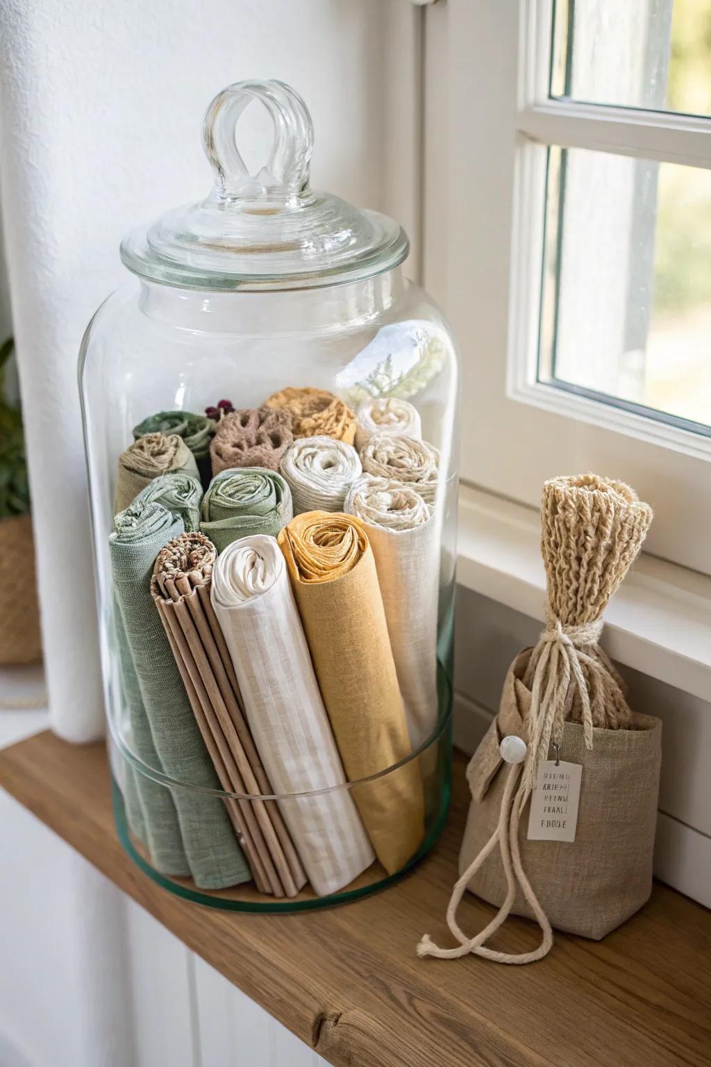 Turn bag clutter into décor: roll reusables and display them in a clear glass jar.