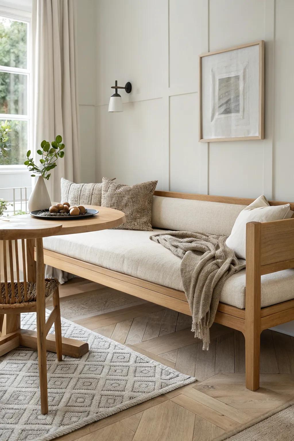 Dining banquette daybed: cozy cafe seating by day, a comfy guest bed by night.