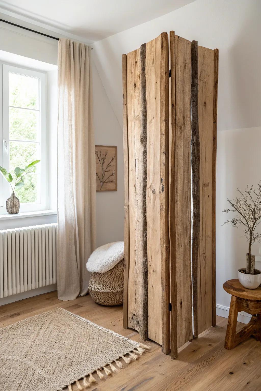 Live-edge slab panels: a sculptural rustic room divider with clean Scandi warmth.