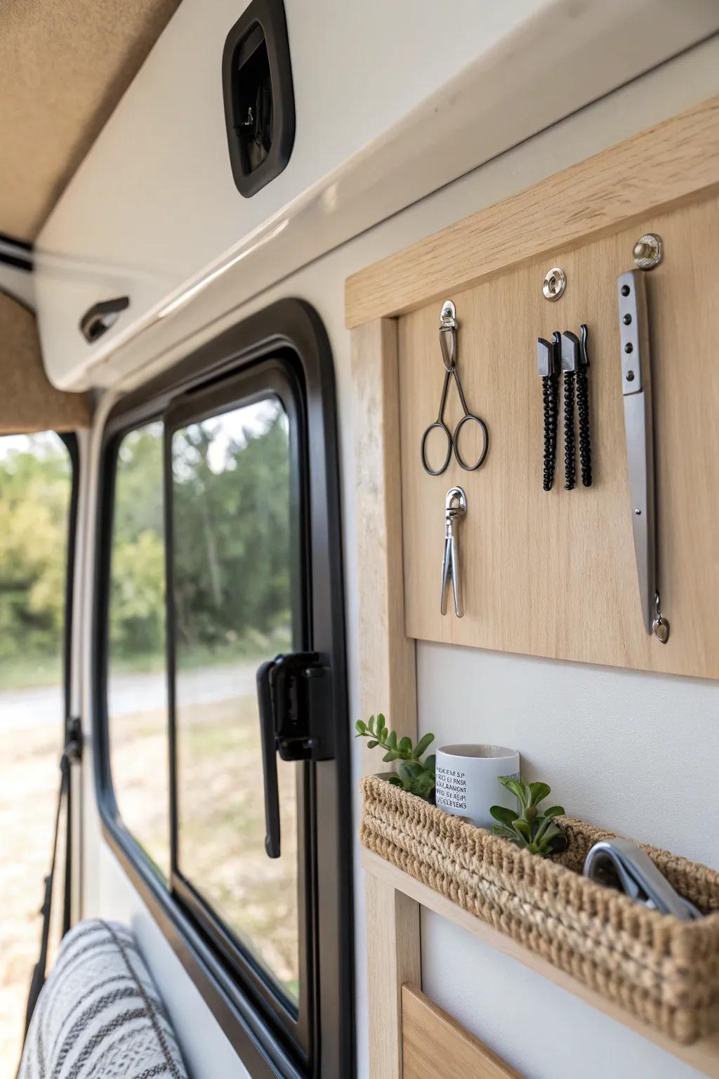 Tiny RV bath win: a sleek magnetic strip keeps clippers, tweezers & pins perfectly in place.