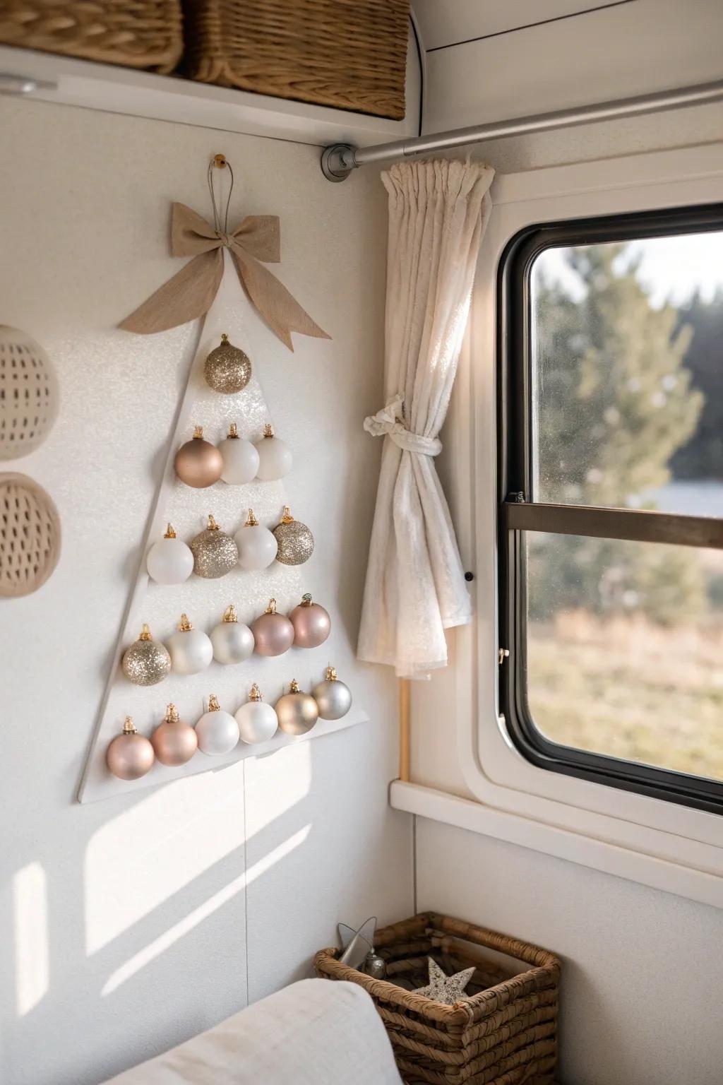 No-floor-space Christmas tree: ornaments on removable hooks for the coziest RV wall décor.