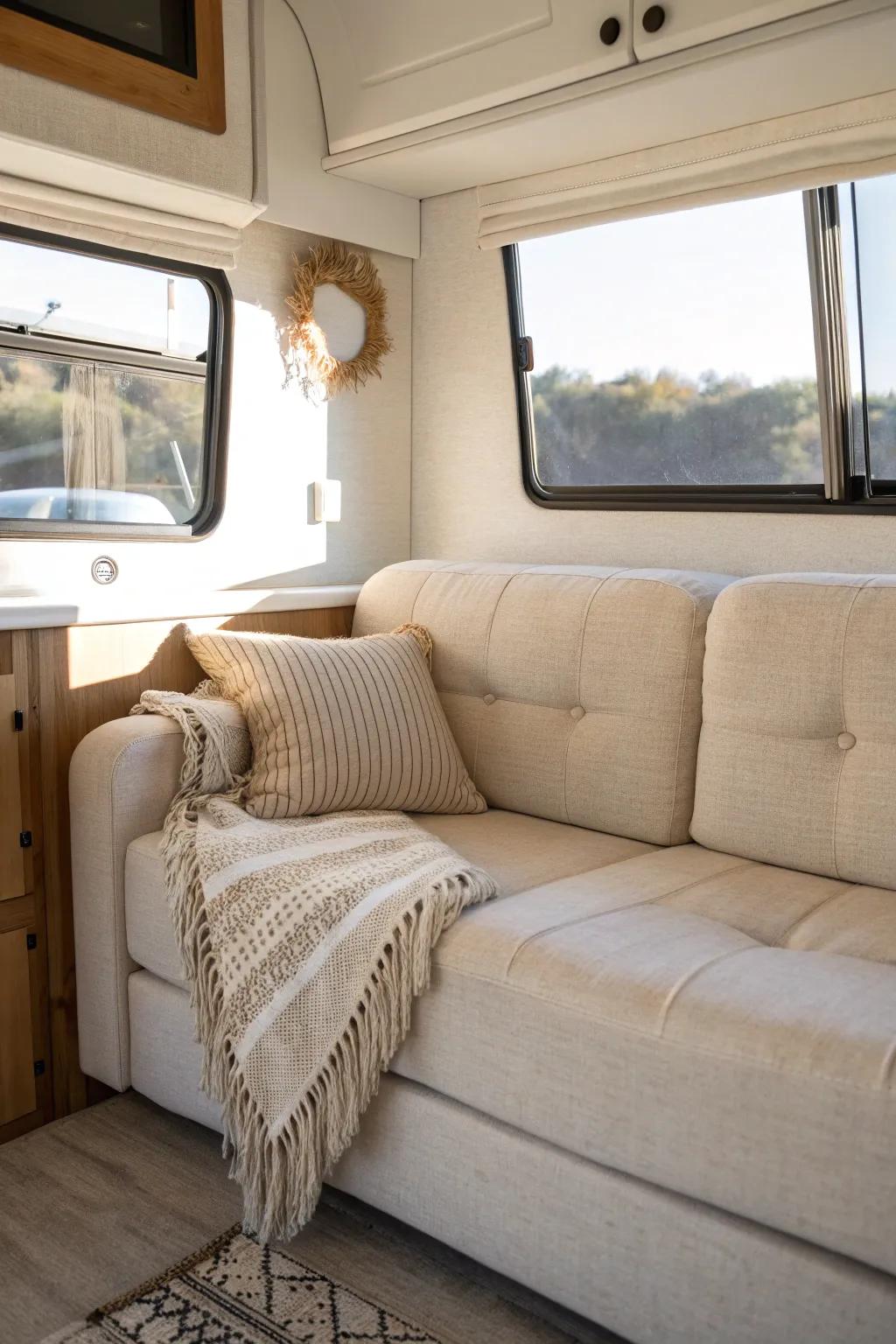 Lighten the wall behind your RV couch for instant airy space—bright, calm, and cozy.
