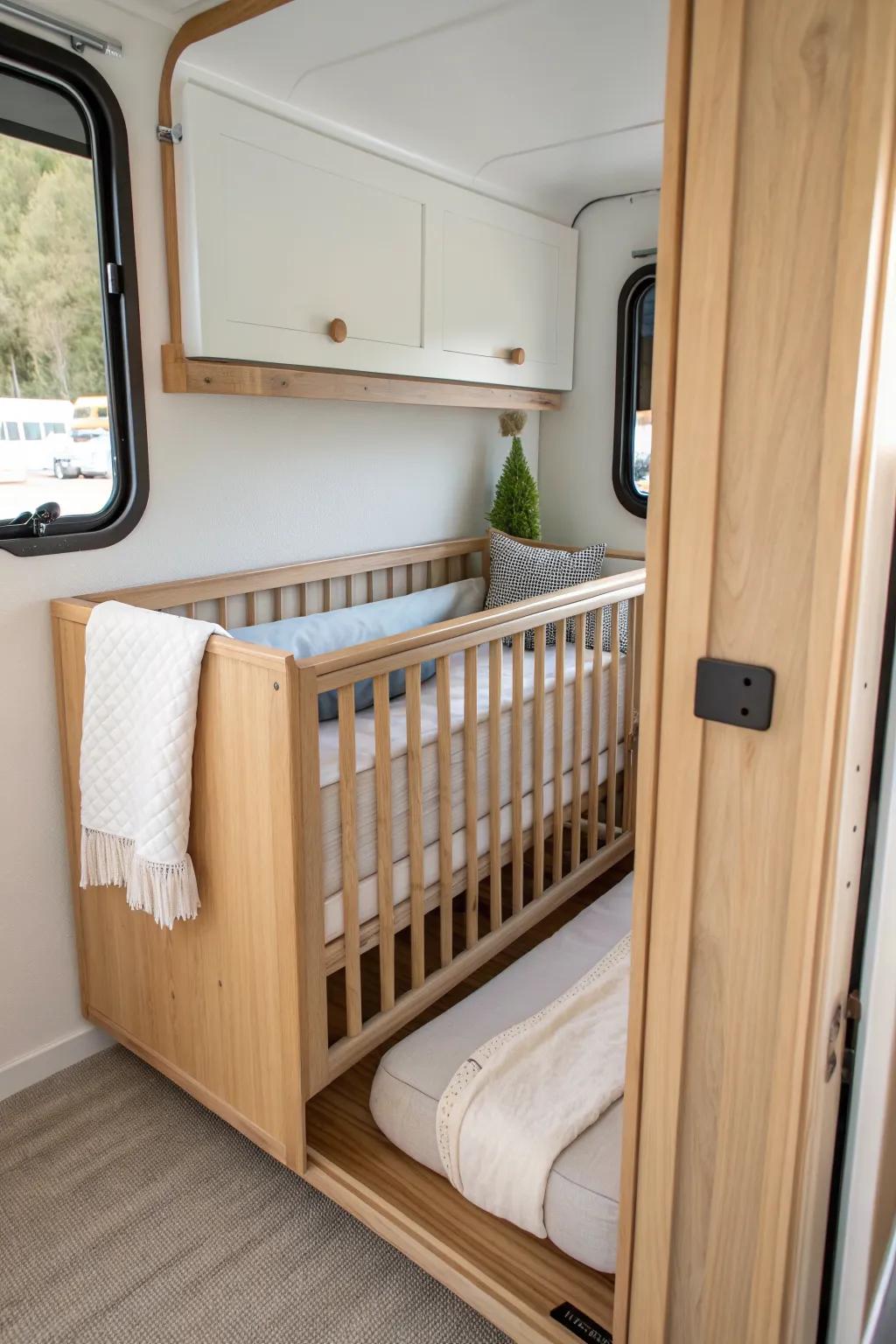 A fold-down wall crib adds a real nursery moment in an RV hallway—then tucks away cleanly.