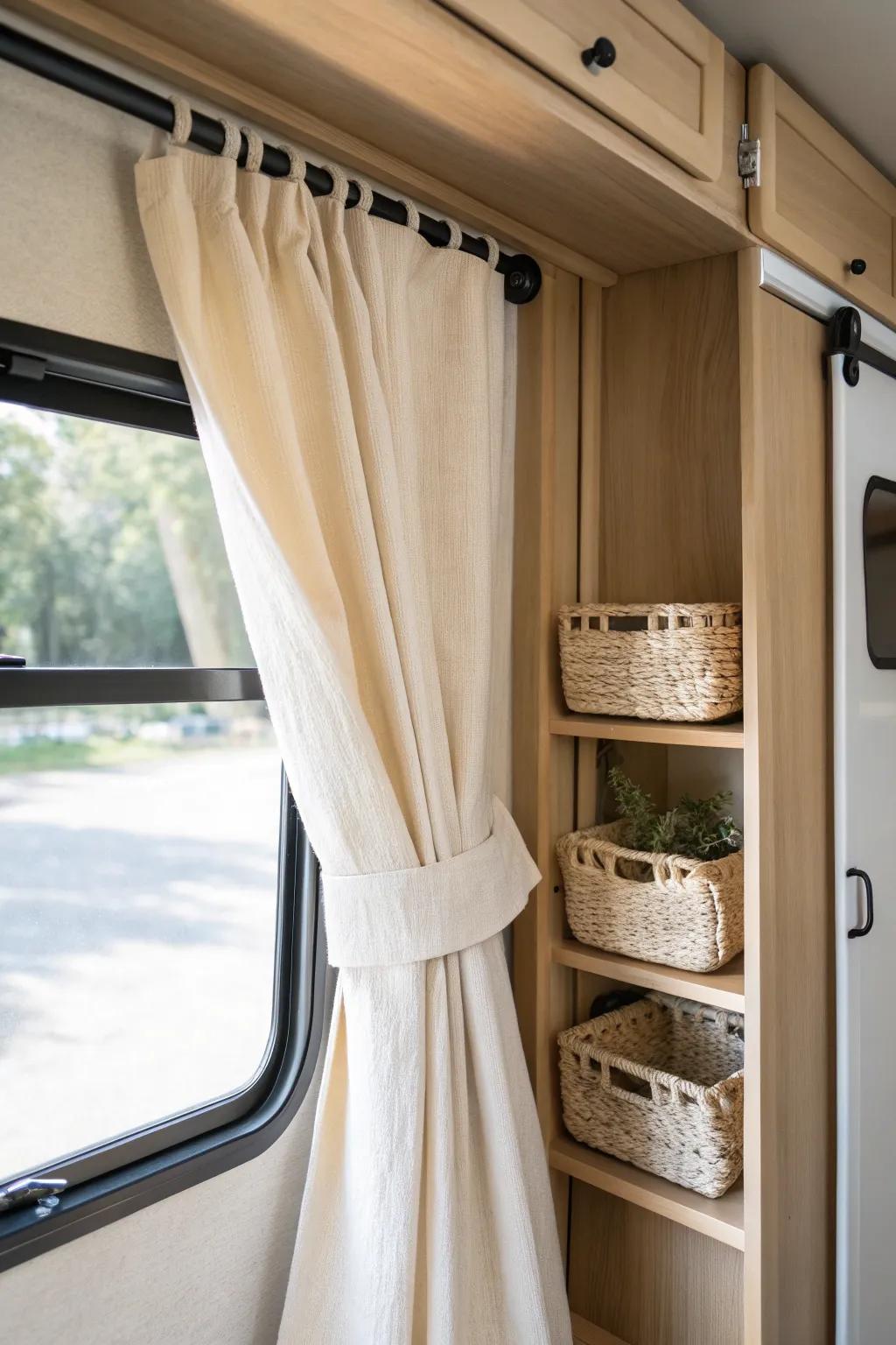 A linen curtain door makes RV storage feel lighter—hides clutter while keeping it calm.