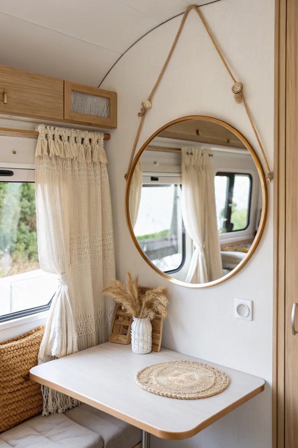 A big mirror opposite the window doubles daylight and makes a small RV feel instantly wider.