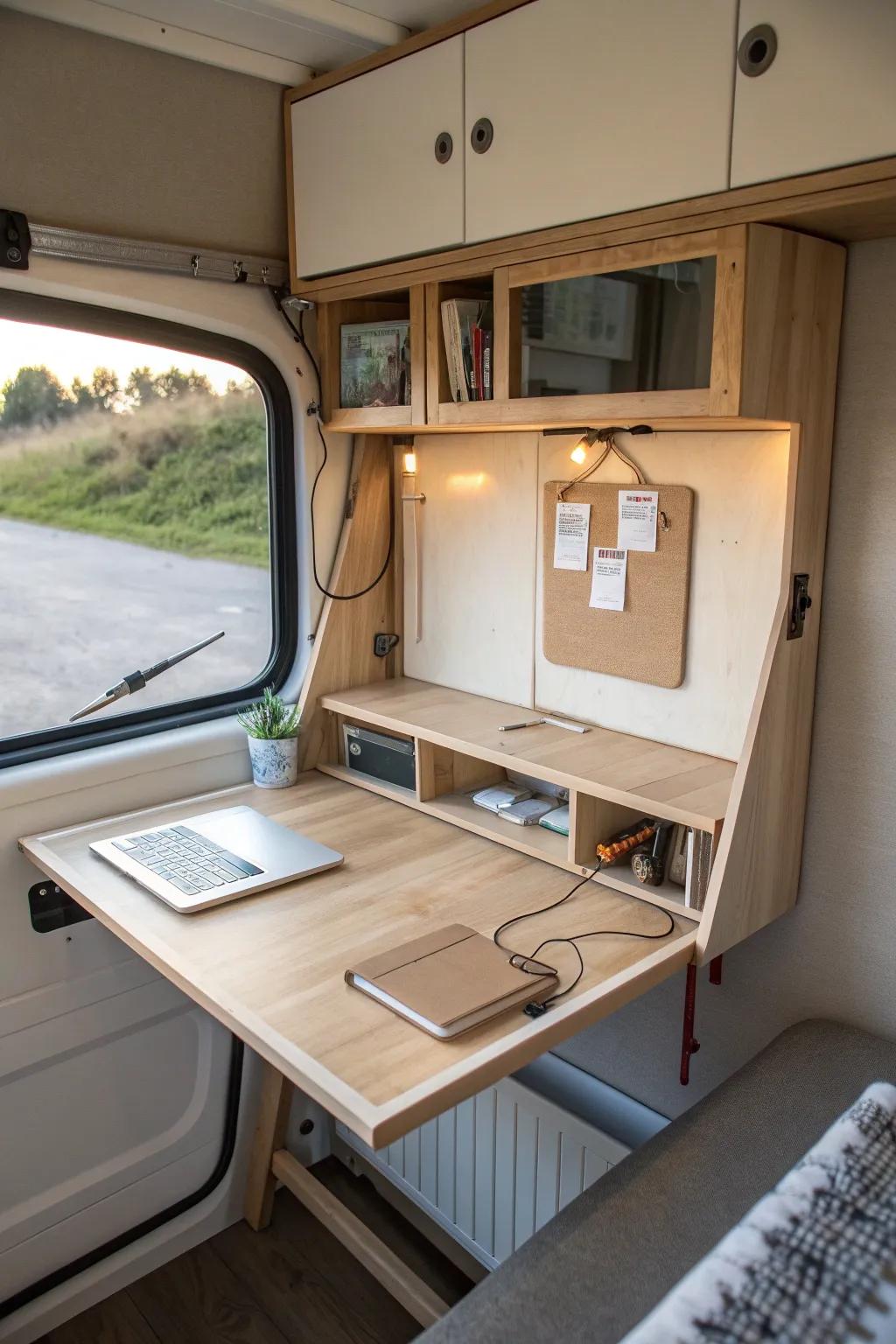 Murphy-style RV fold-down desk: real workspace, hidden away—plus a tidy pinboard for cords.