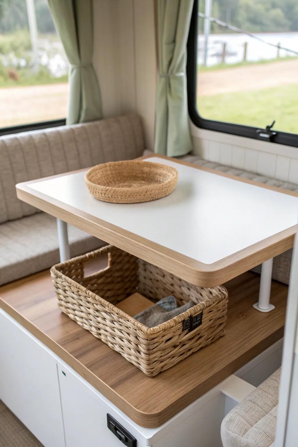 Add an open shelf under your RV table for a woven basket that keeps the tabletop clear.