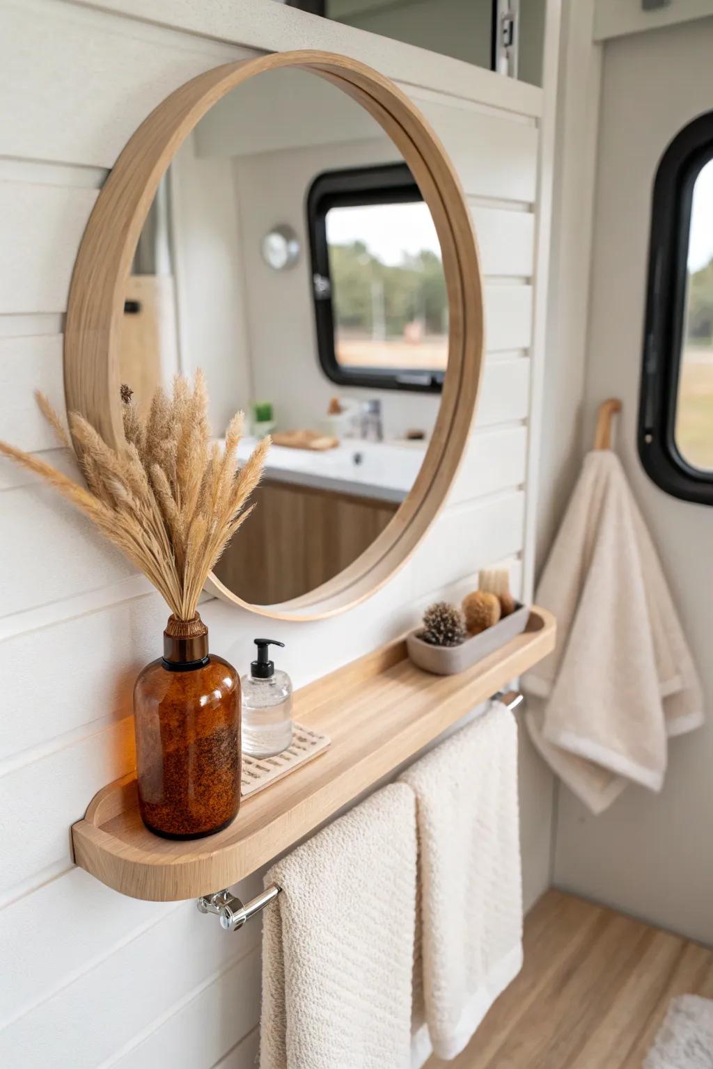 A new mirror plus a slim shelf instantly adds storage without crowding your RV bathroom sink.