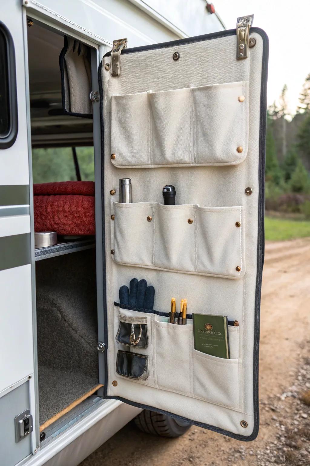 Turn your RV bay door into a chic organizer wall—gloves, adapters, gauges always in reach.