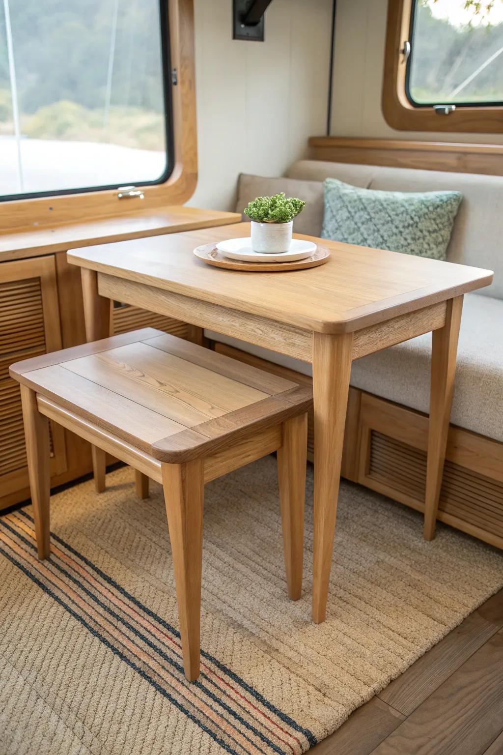 Nested RV tables that stack for meals and separate into a side table—small-space magic.