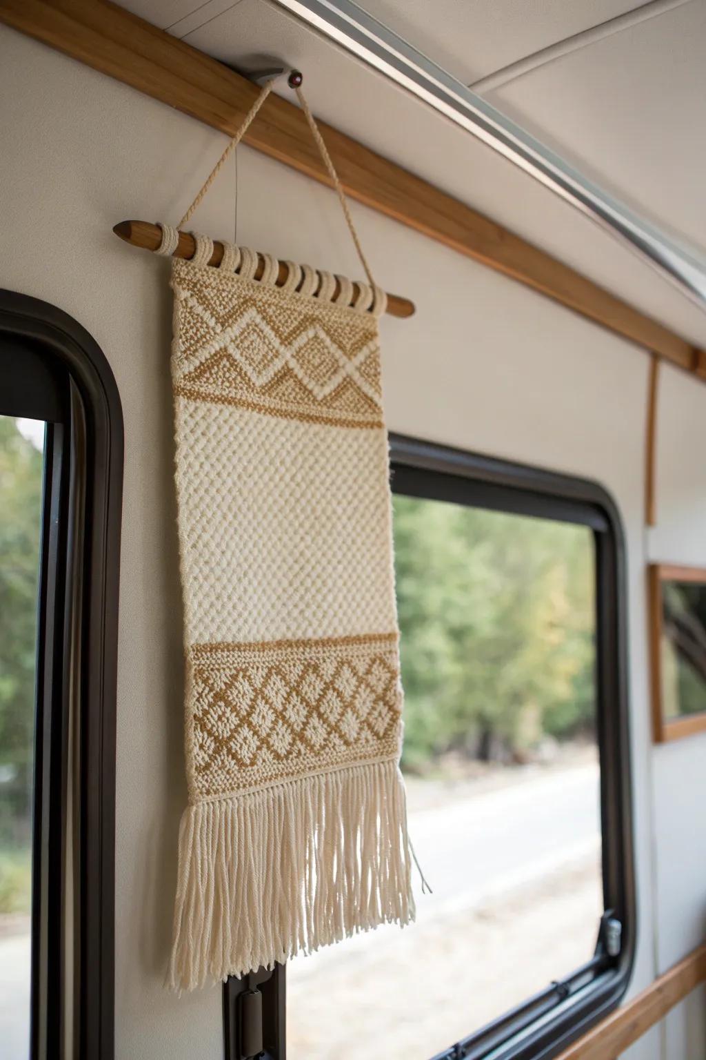 A ceiling-to-wall tapestry turns a plain RV corner into a warm, layered feature.