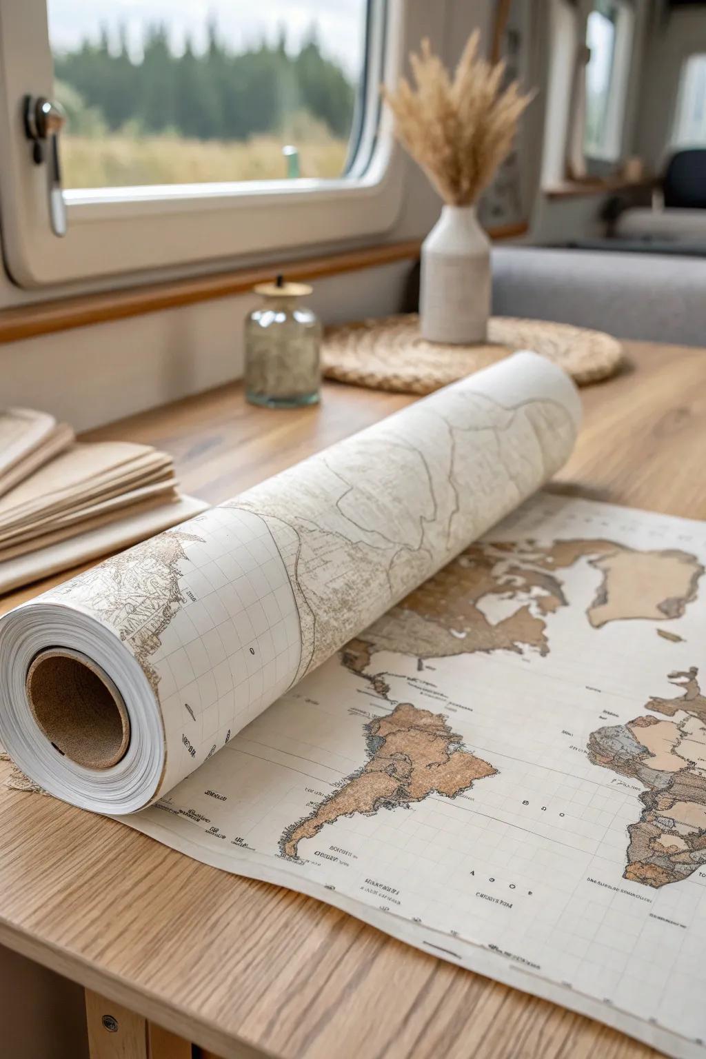 Vintage map wallpaper brings travel energy to your RV dinette—subtle, chic, and inspiring.
