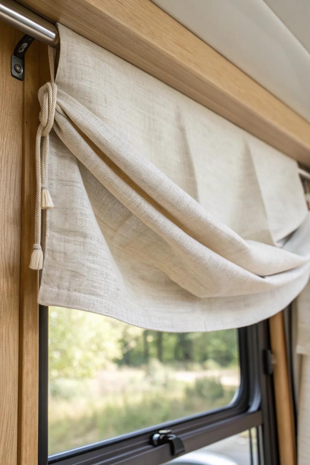 Velcro-mounted linen valance: clean boho texture that removes in seconds for travel or cleaning.