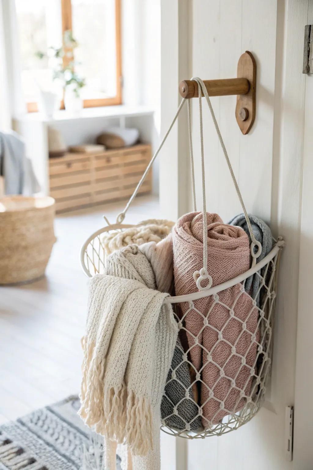 A hanging mesh basket keeps bulky winter scarves tidy by the door—quick toss-in storage.