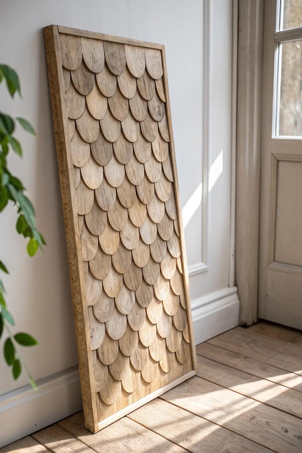 Reclaimed shingle-scale wall art—soft curves, warm grain, and sculptural texture.