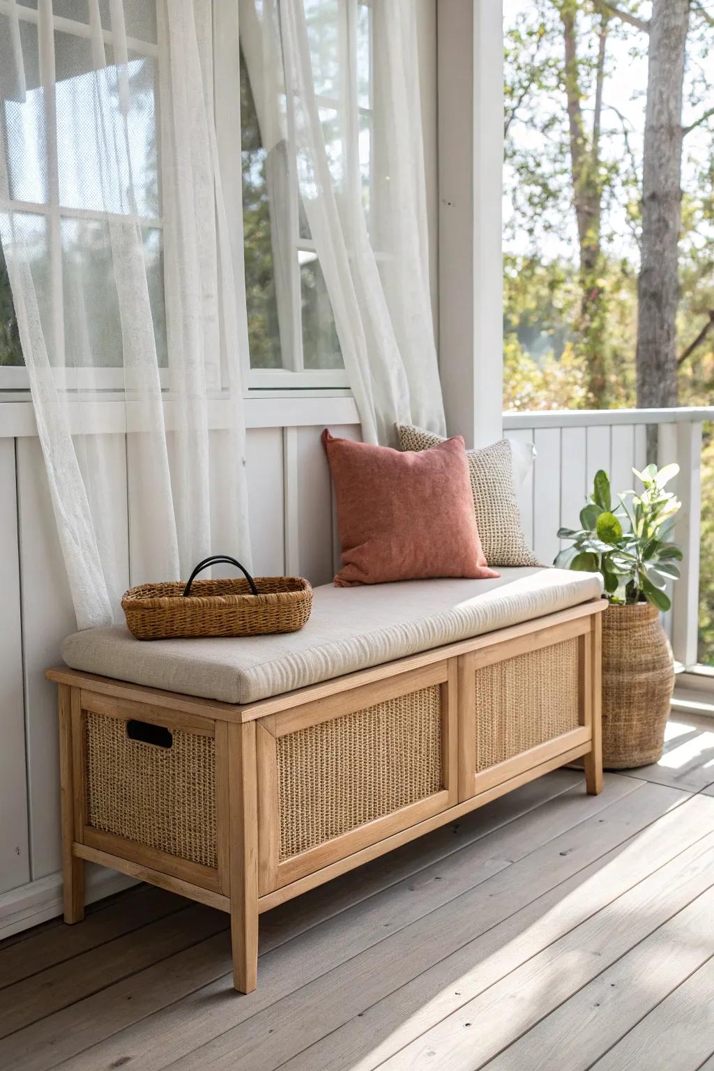 Storage bench seating for small screened-in porches—hidden space for pillows and tools.